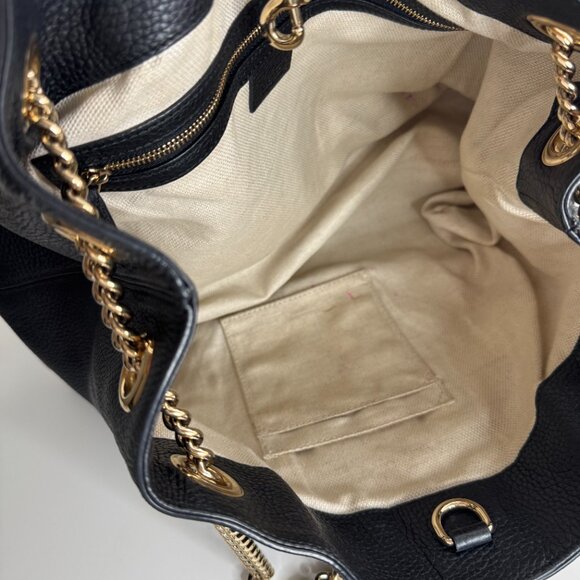 Authentic Gucci Soho Black Leather Double Chain Shoulder Bag Tote Black Gold - Picture 7 of 7